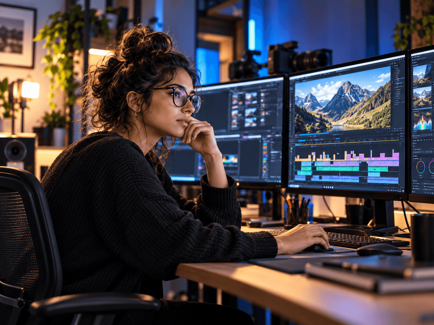 Creative studio scene: an editor reviewing mountain footage and a video timeline